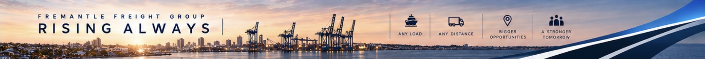Fremantle Freight Group — Rising Always. Sunset over the waterfront and port cranes, with blue brand ribbons. Any load. Any distance. Bigger opportunities. A stronger tomorrow.